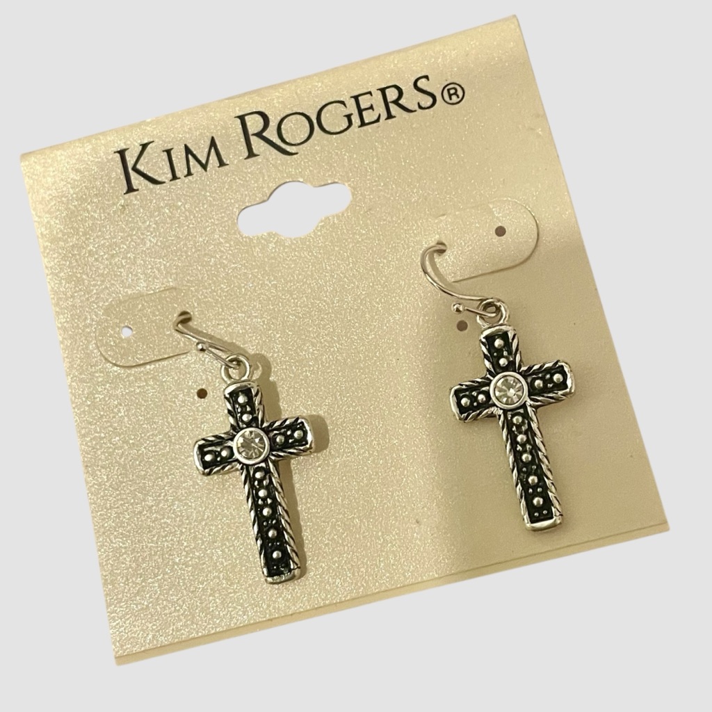 Kim Rogers Cross Silvertone Rhinestone Hook Earrings New 15$